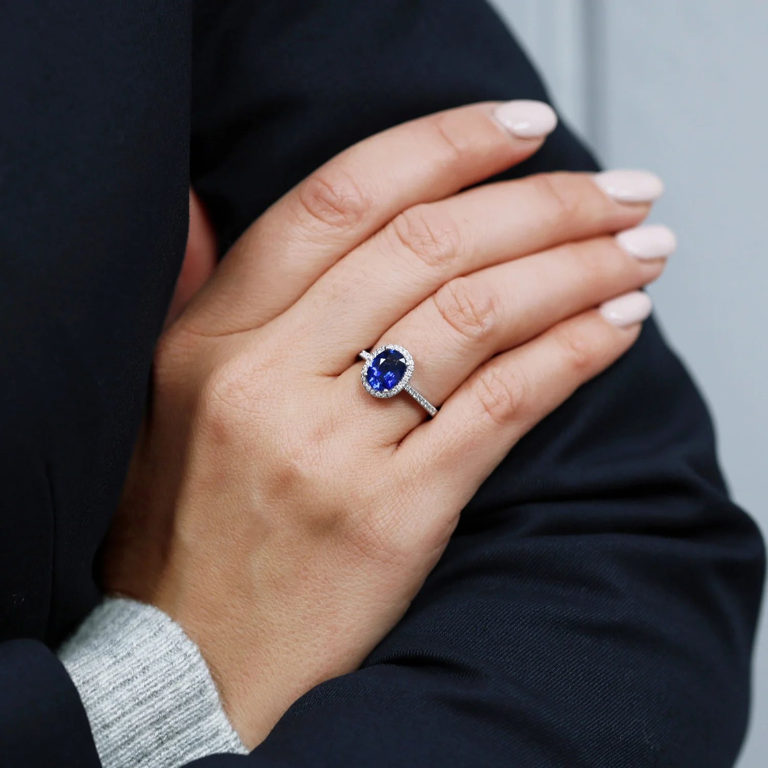 Platinum Oval Sapphire And Diamond Cluster Ring With Diamond Set Shoulders - Image 2