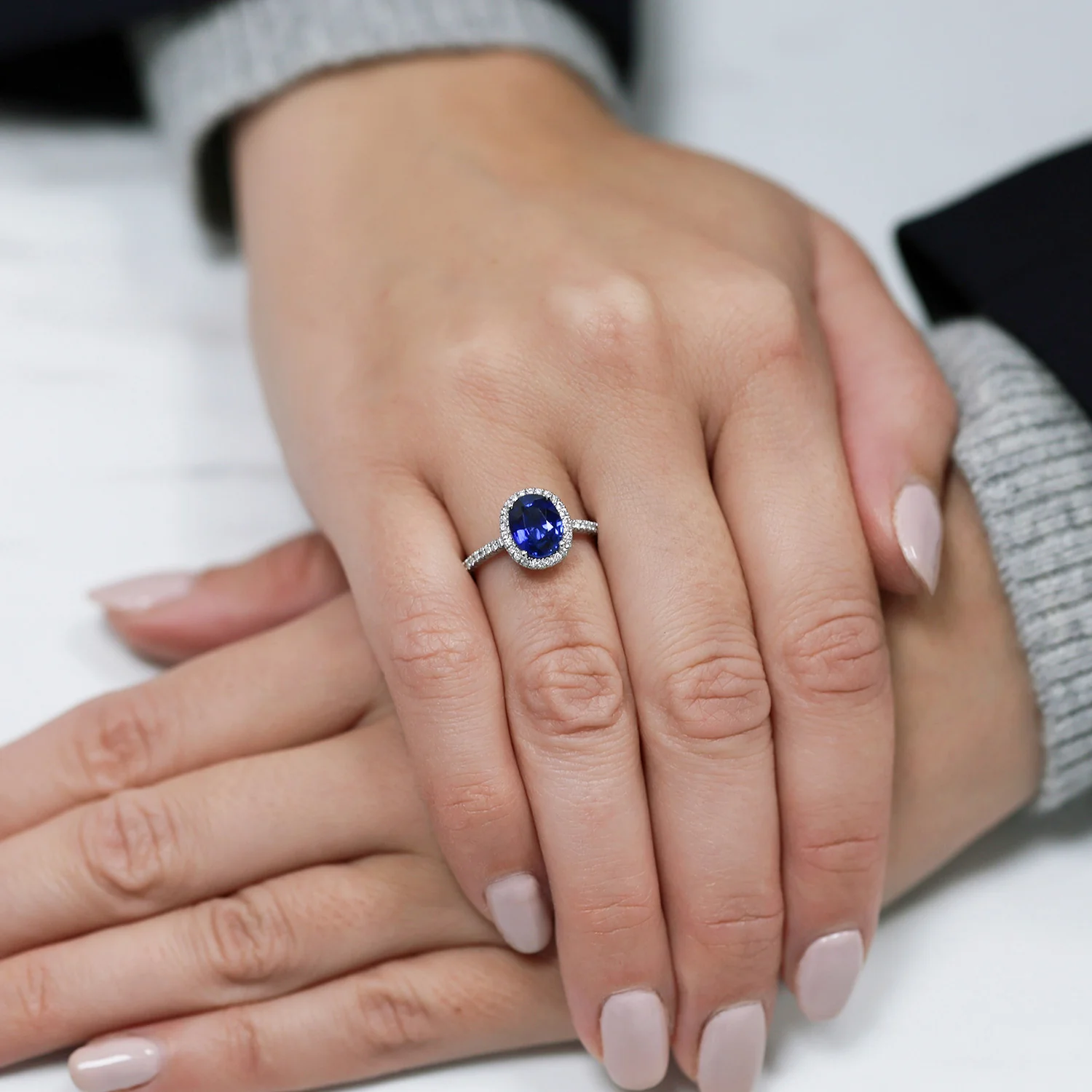 Platinum Oval Sapphire And Diamond Cluster Ring With Diamond Set Shoulders - Image 3