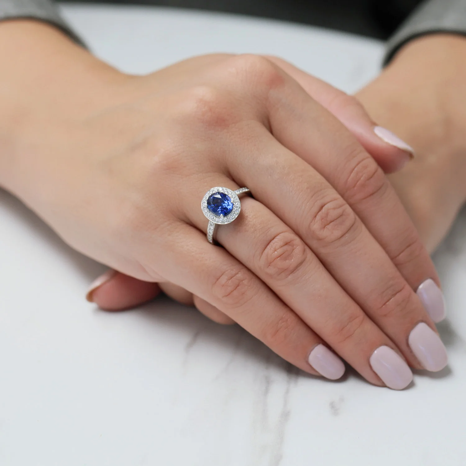 Platinum Oval Sapphire And Diamond Grain Set Halo Cluster Ring With Diamond Shoulders - Image 2