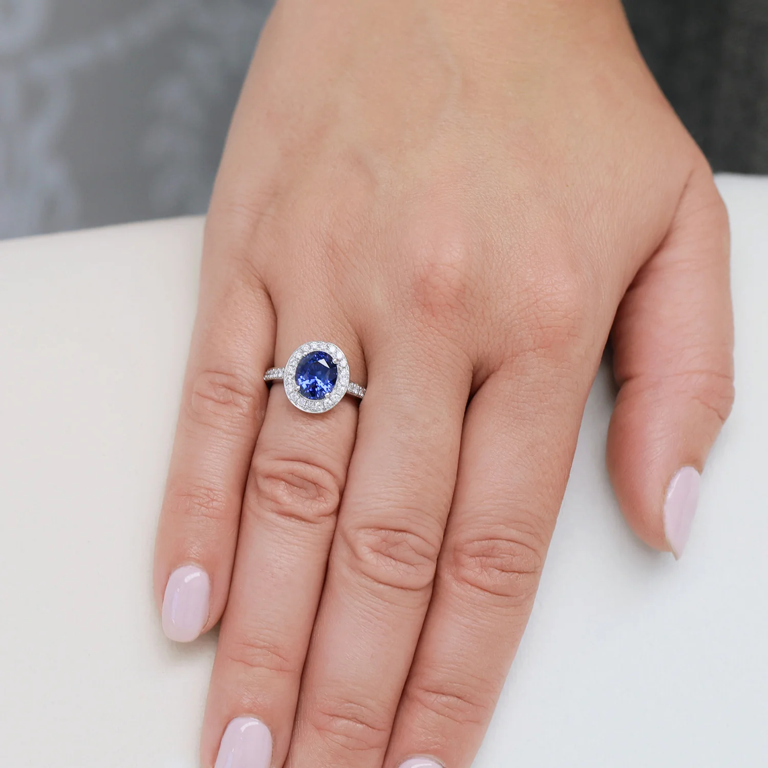 Platinum Oval Sapphire And Diamond Grain Set Halo Cluster Ring With Diamond Shoulders - Image 3