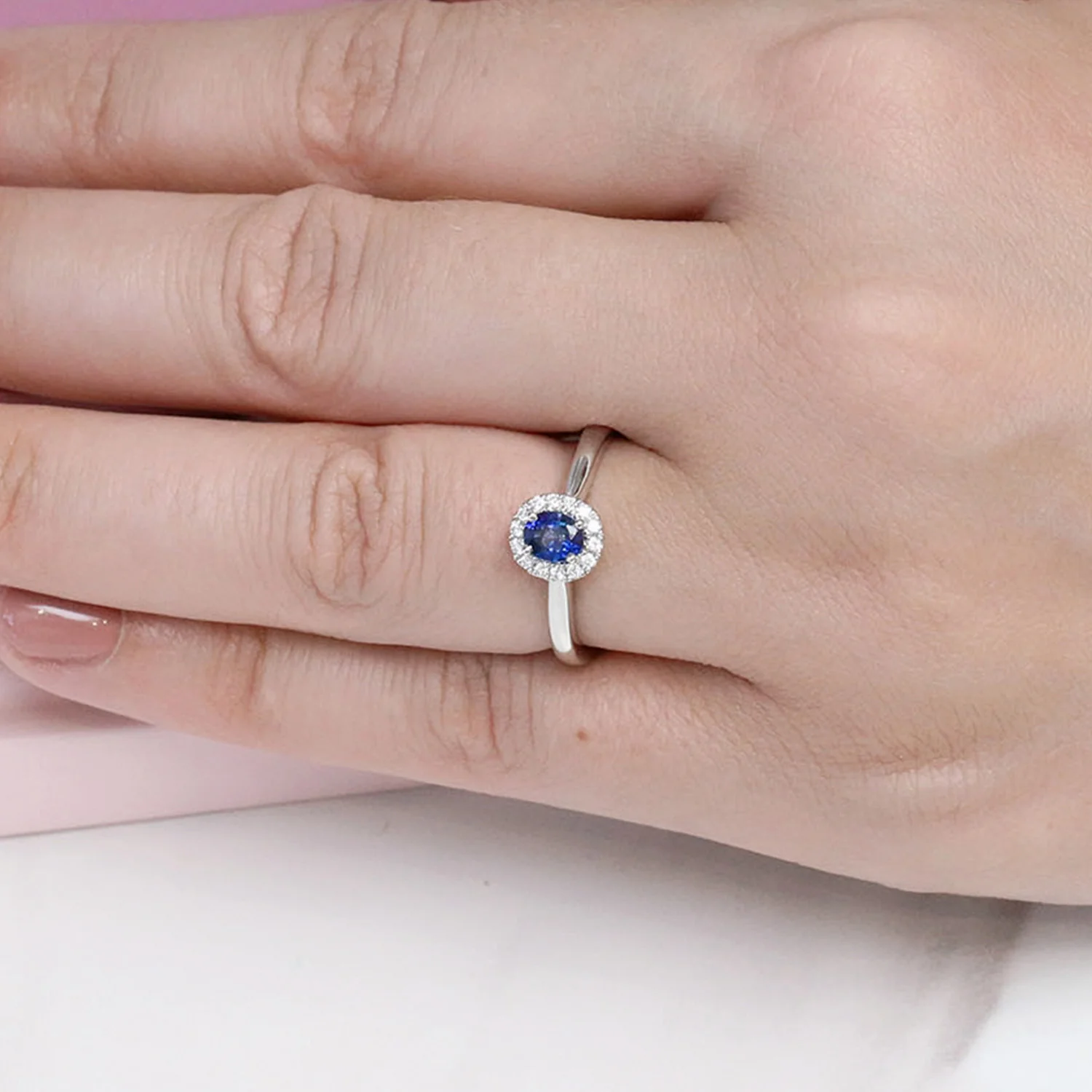 Platinum Oval Sapphire And Diamond Halo Ring - Image 2