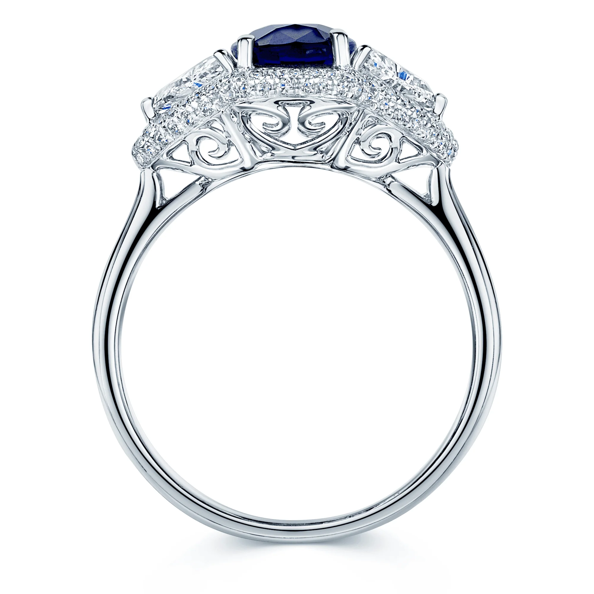Platinum Oval Sapphire And Trilliant Cut Diamond Fancy Cluster Ring With Round Brilliant Diamond Surround - Image 2