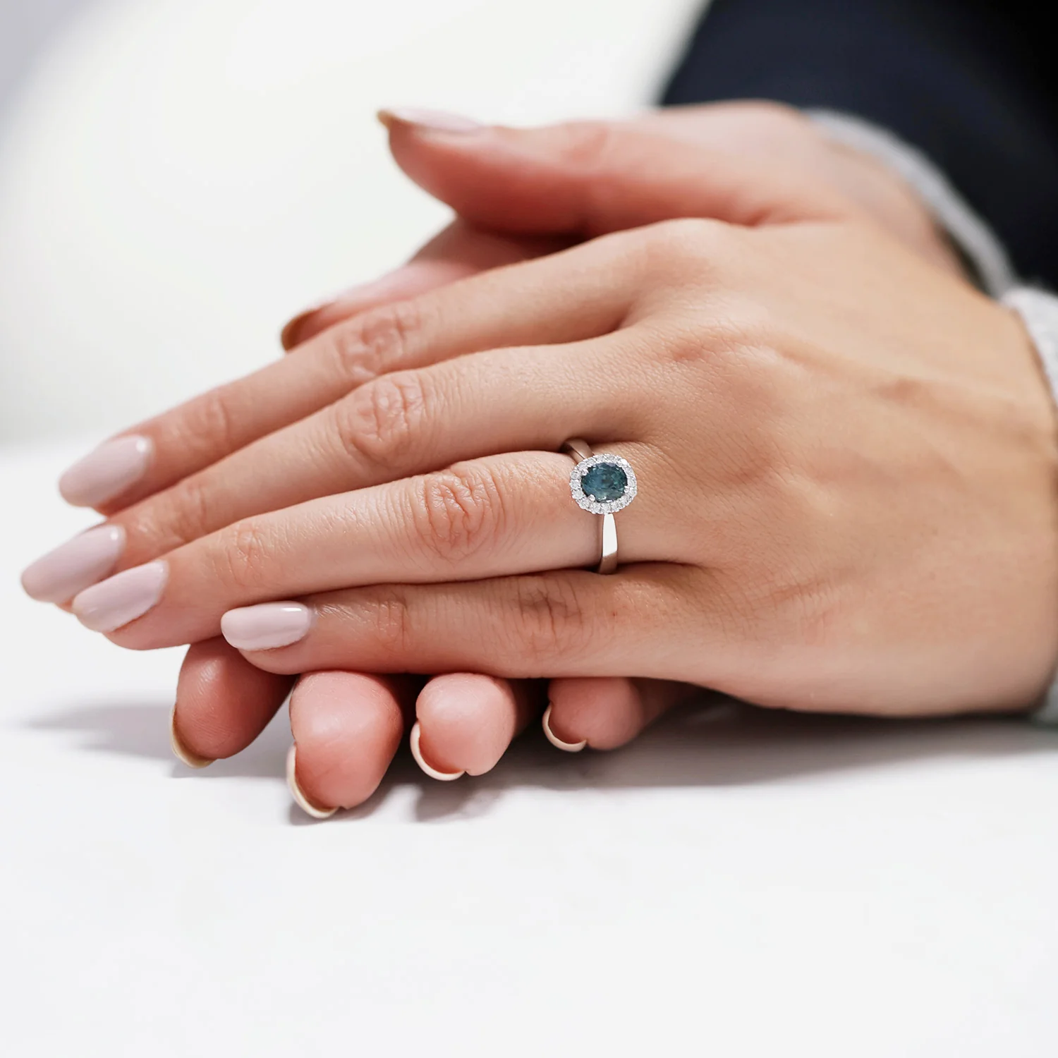 Platinum Oval Blue-Green Sapphire Diamond Halo Set Ring - Image 2