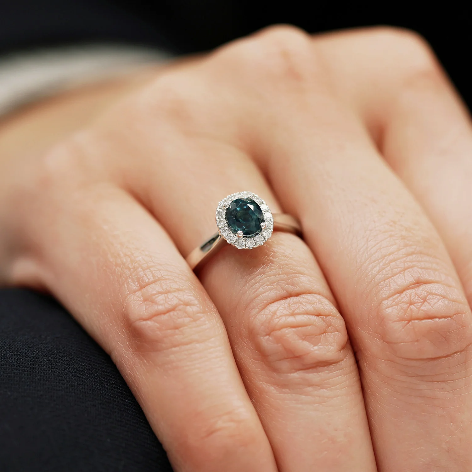Platinum Oval Blue-Green Sapphire Diamond Halo Set Ring - Image 3