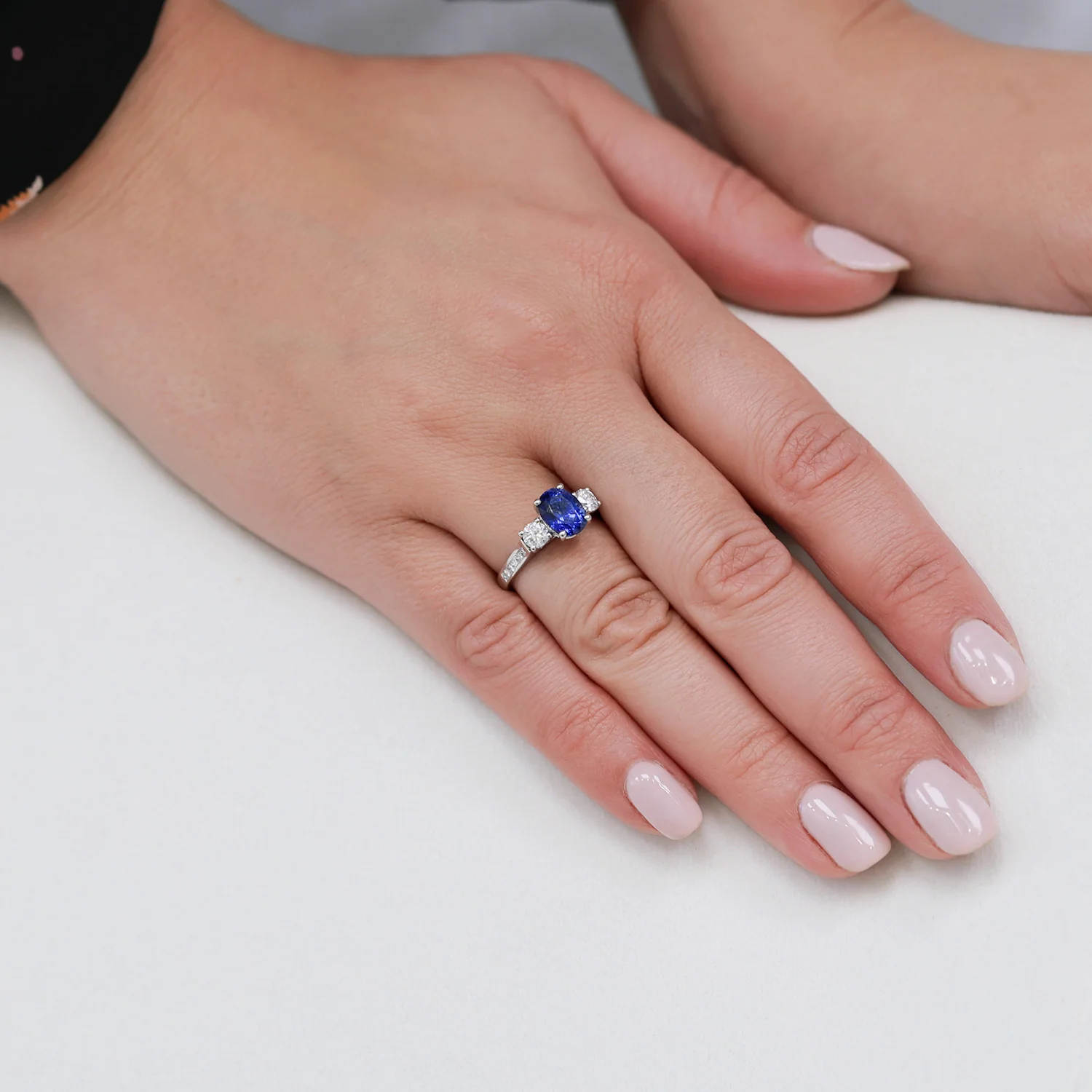 Platinum Oval Sapphire & Diamond Three Stone Ring With Channel Set Diamond Shoulders - Image 3