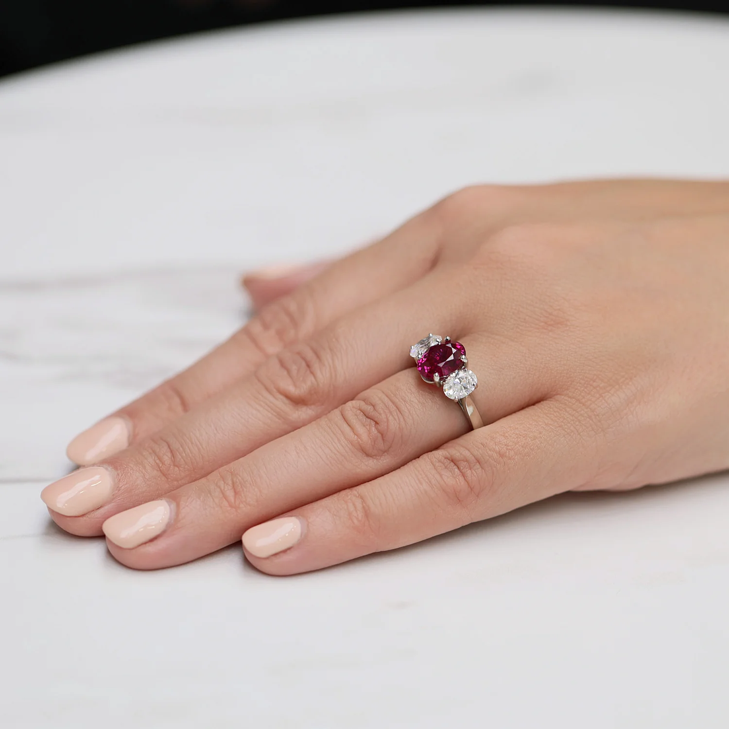Platinum Oval Unheated Madagascan Ruby And Oval Diamond Three Stone Ring - Image 3