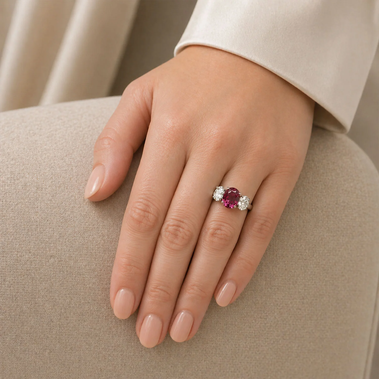 Platinum Oval Unheated Madagascan Ruby And Oval Diamond Three Stone Ring - Image 4
