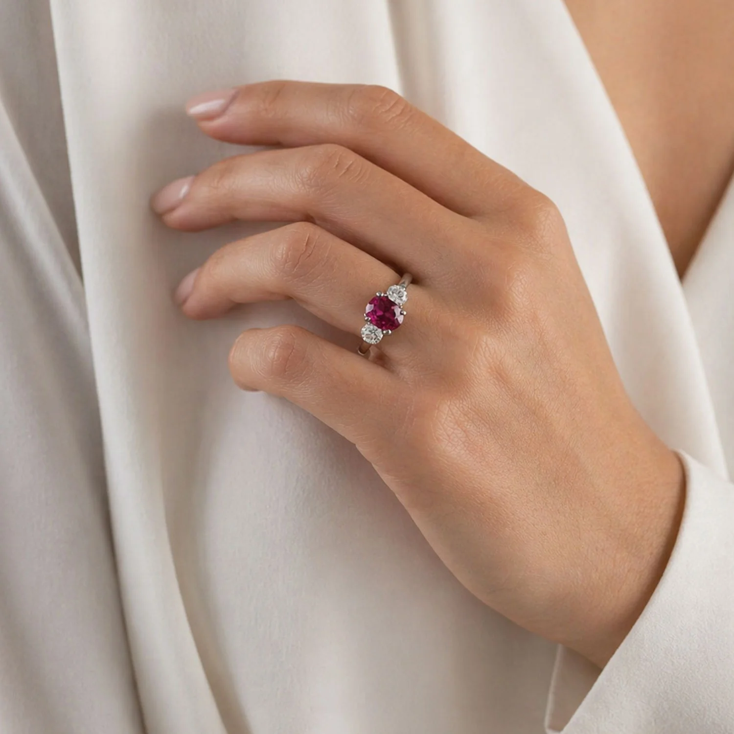Platinum Oval Unheated Madagascan Ruby And Oval Diamond Three Stone Ring - Image 5