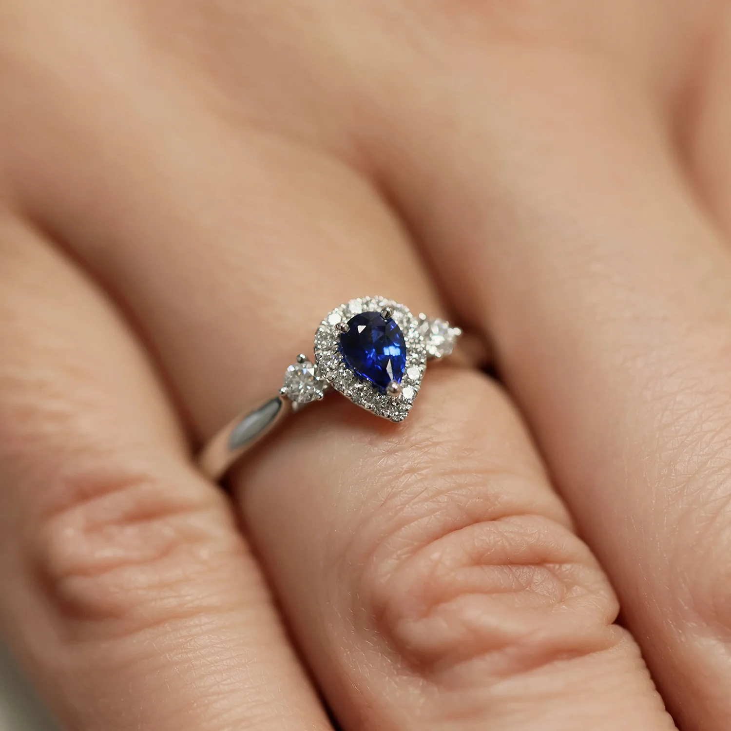 Platinum Pear Sapphire And Diamond Halo Surround Fancy Ring - Image 3