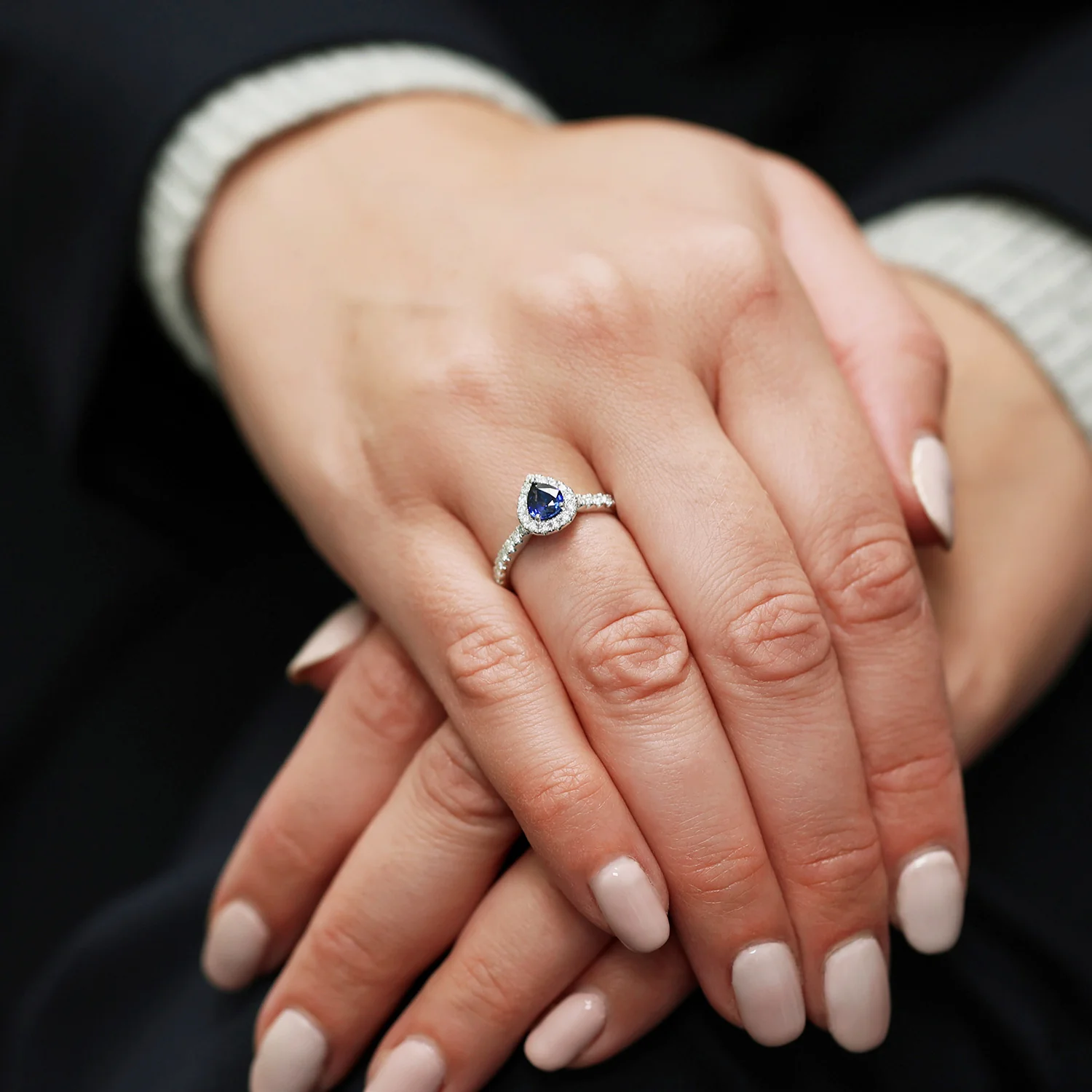 Platinum Pear Sapphire Ring With Diamond Halo Surround And Shoulders - Image 3