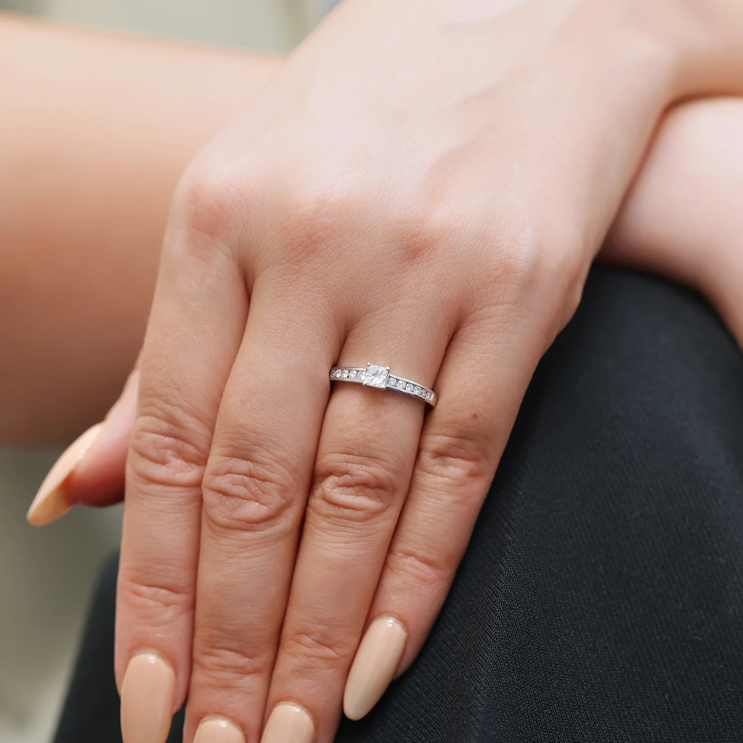 Platinum Princess Cut Diamond Single Stone Claw Set Ring With Round Brilliant Cut Channel Set Shoulders - Image 3
