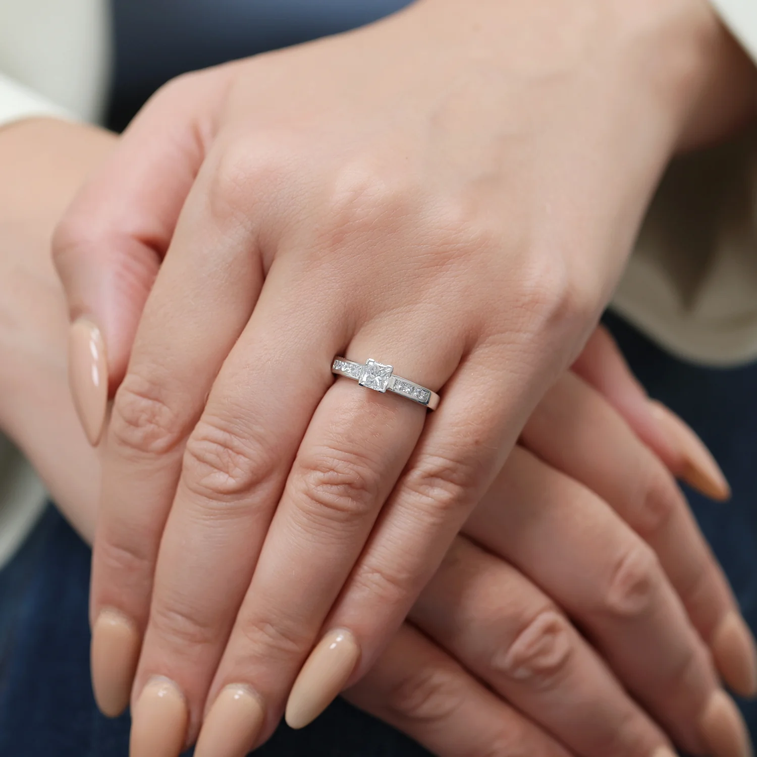 Platinum Princess Cut Diamond Single Stone Ring With Princess Cut Diamond Shoulders - Image 3