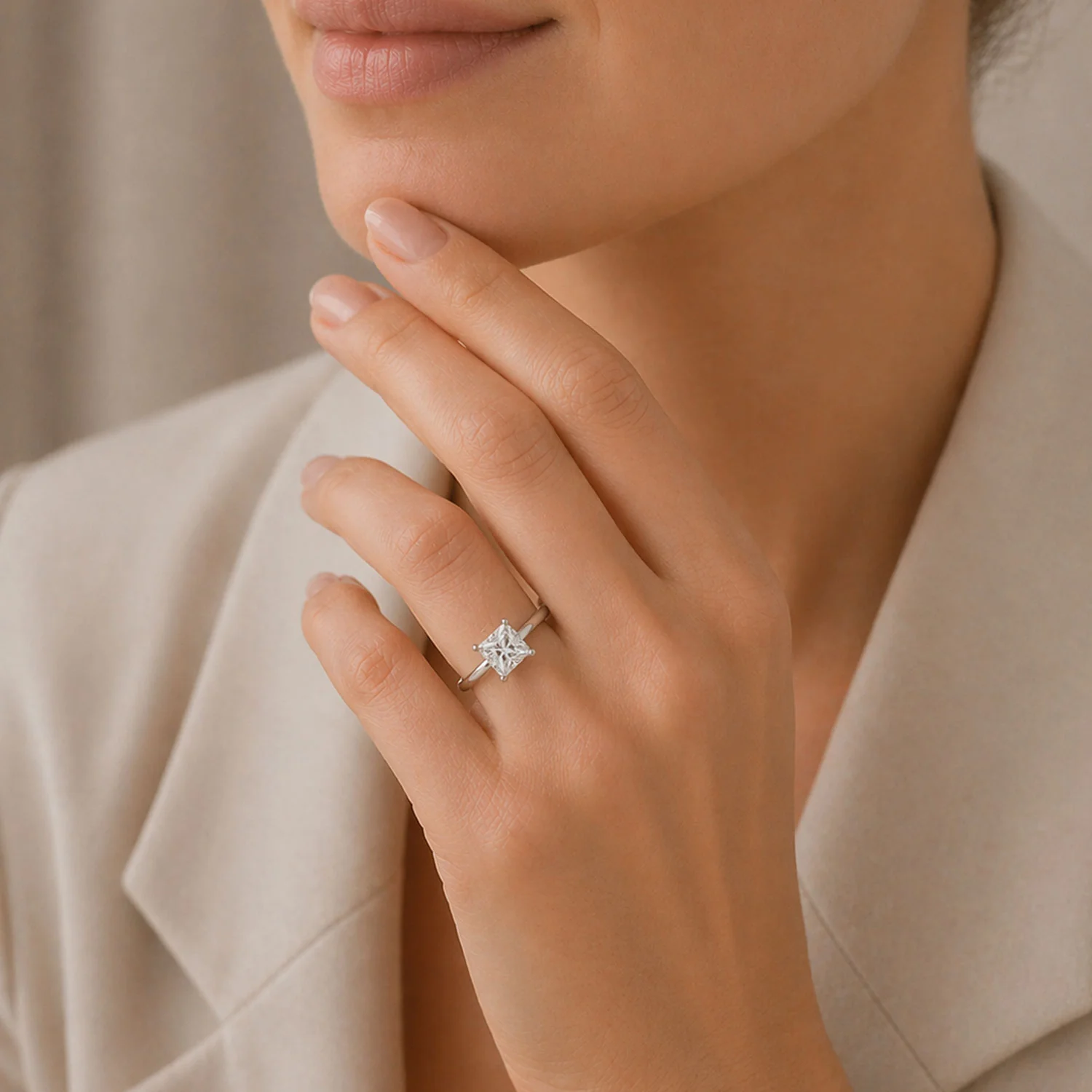Platinum Princess Cut Solitaire Diamond Ring With A Four Claw Setting - Image 3