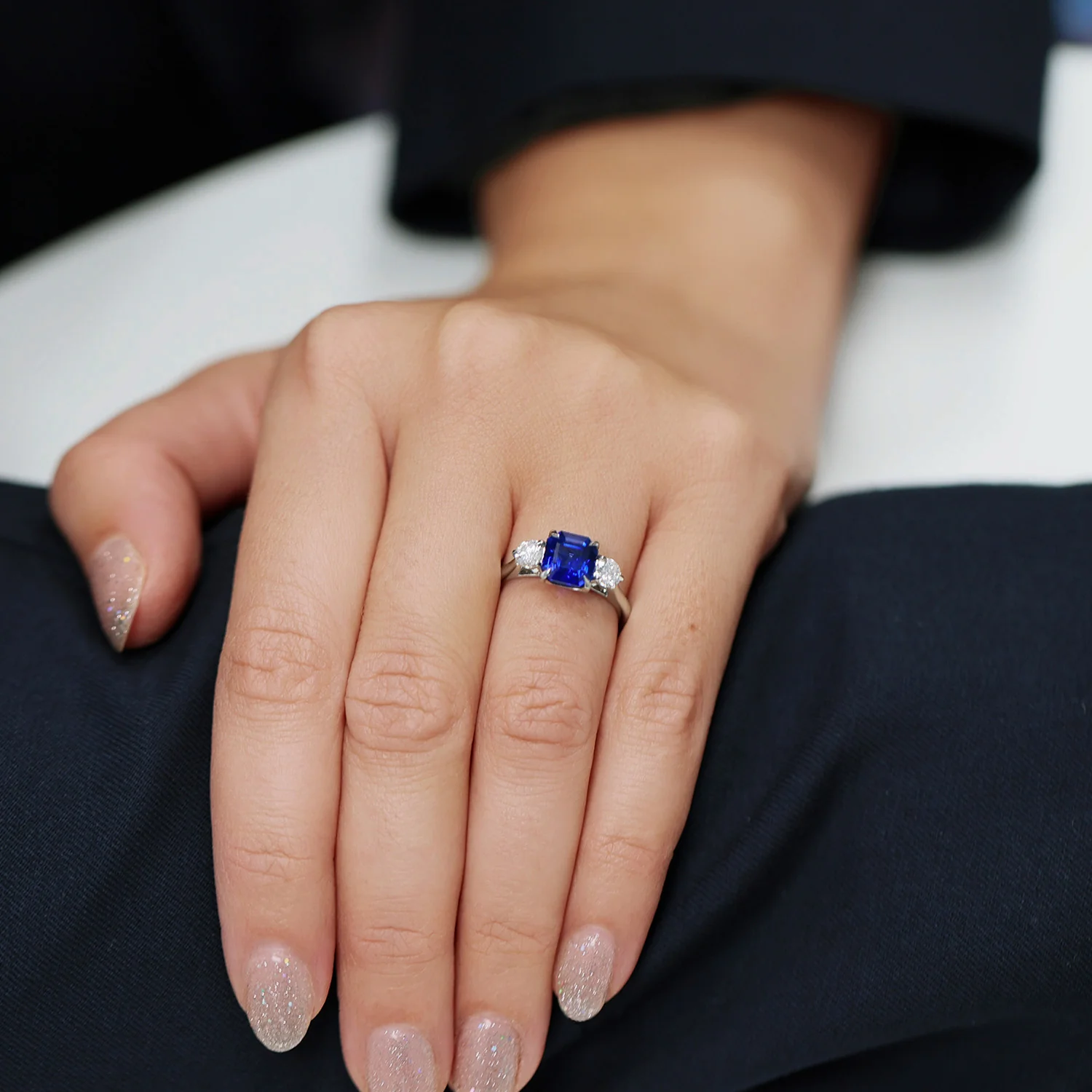 Platinum Rectangular Step Cut Sapphire &  GIA Brilliant Cut Diamond Three Stone Ring - Image 3