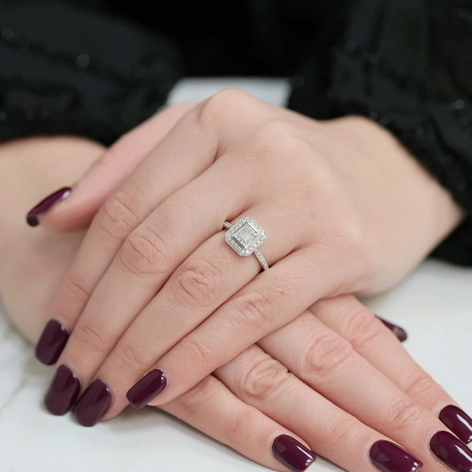 Platinum Round Brilliant And Baguette Cut Fancy Halo Diamond Ring With Diamond Shoulders - Image 2