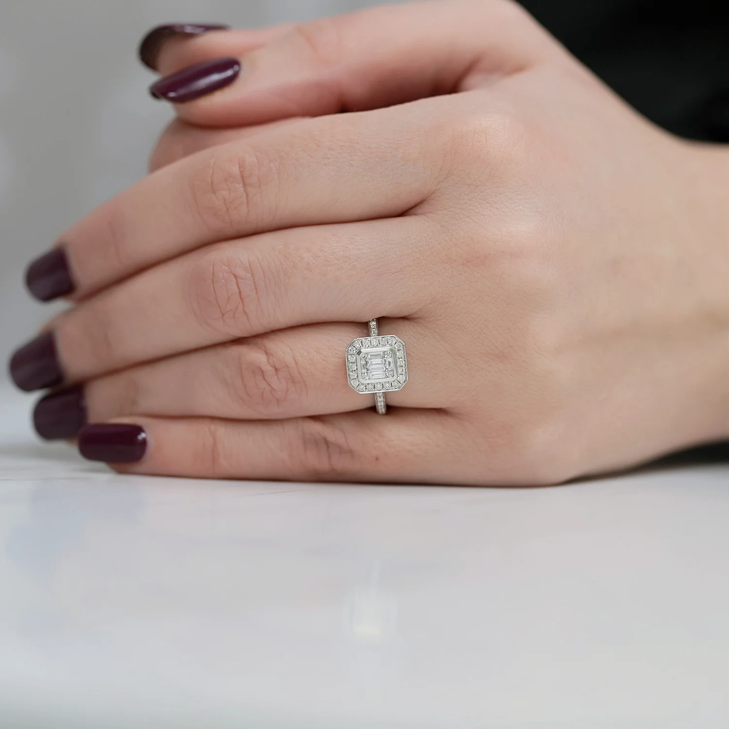 Platinum Round Brilliant And Baguette Cut Fancy Halo Diamond Ring With Diamond Shoulders - Image 3