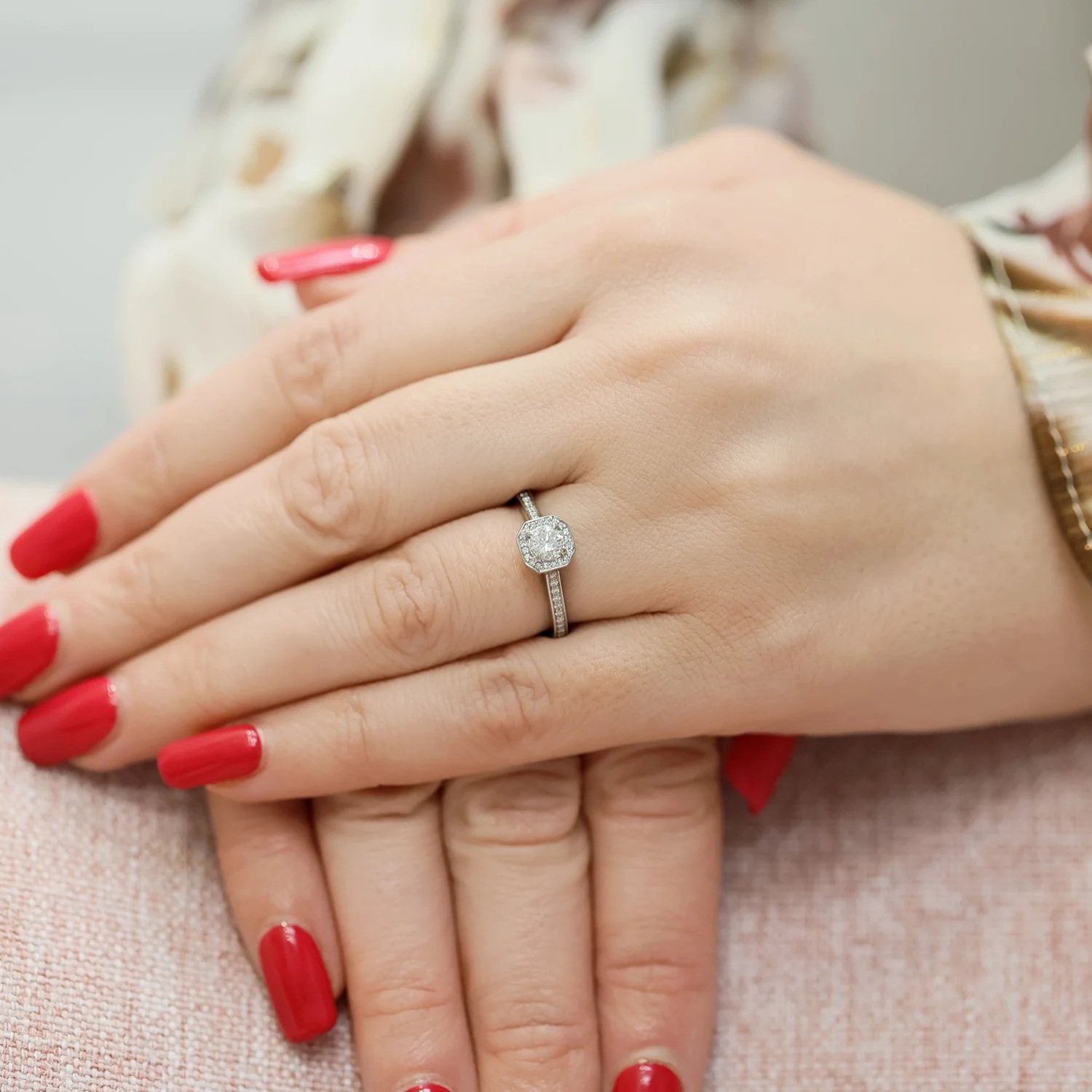 Platinum Round Brilliant Cut Diamond Cluster Ring With Diamond Halo And Channel Set Shoulders - Image 2