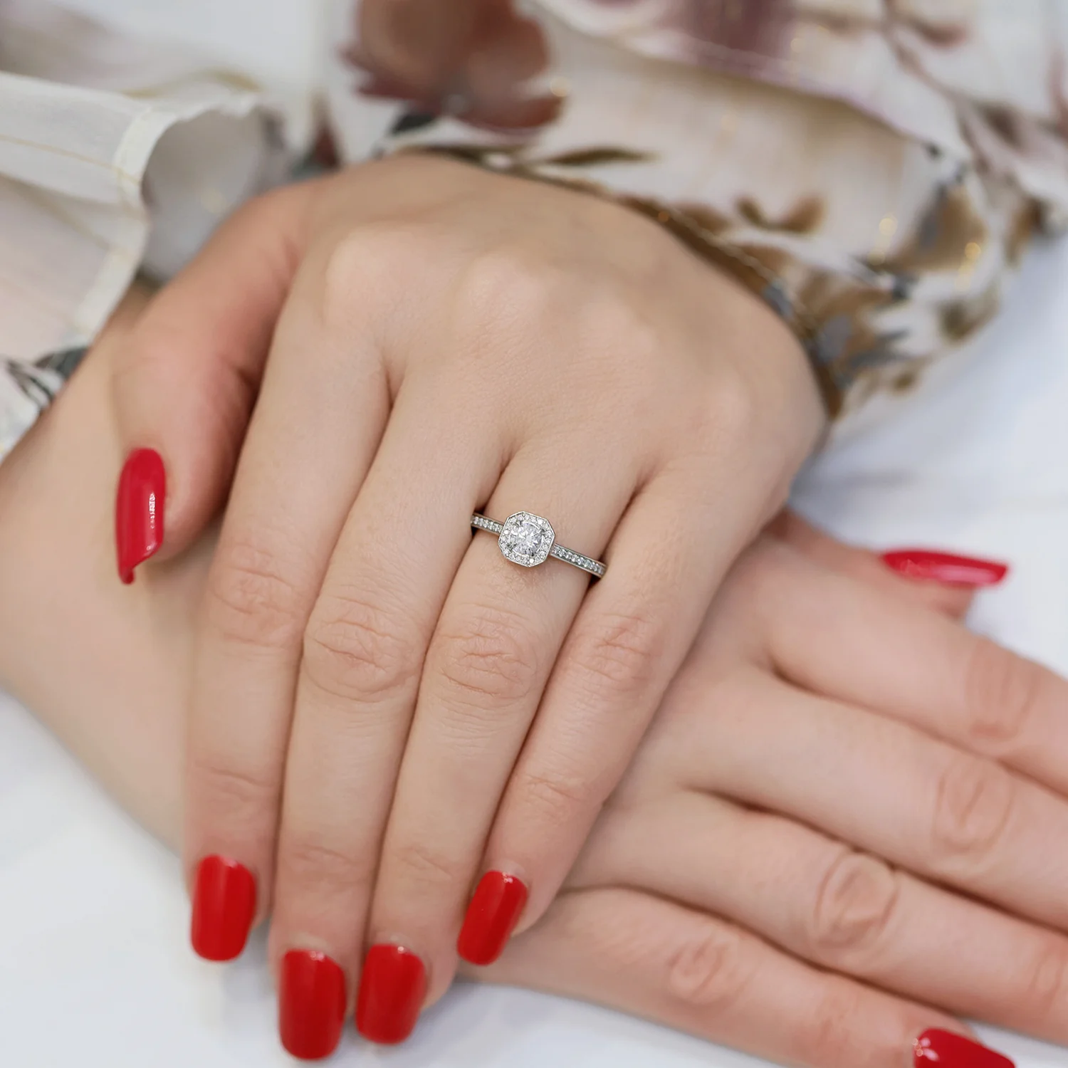 Platinum Round Brilliant Cut Diamond Cluster Ring With Diamond Halo And Channel Set Shoulders - Image 3