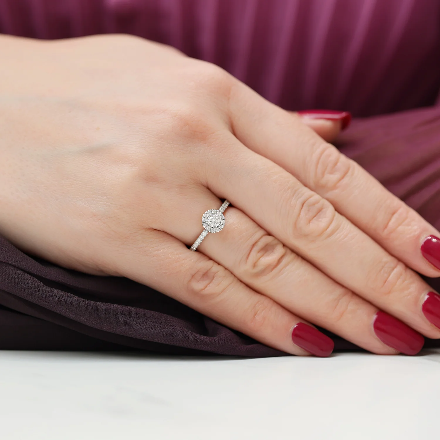 Platinum Round Brilliant Cut Diamond Halo Solitaire Ring With Diamond Shoulders - Image 2