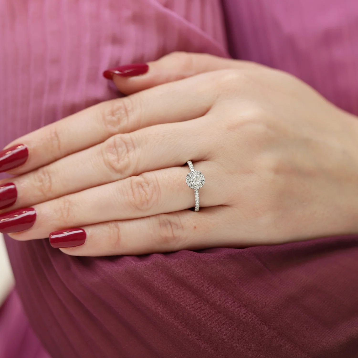 Platinum Round Brilliant Cut Diamond Halo Solitaire Ring With Diamond Shoulders - Image 3