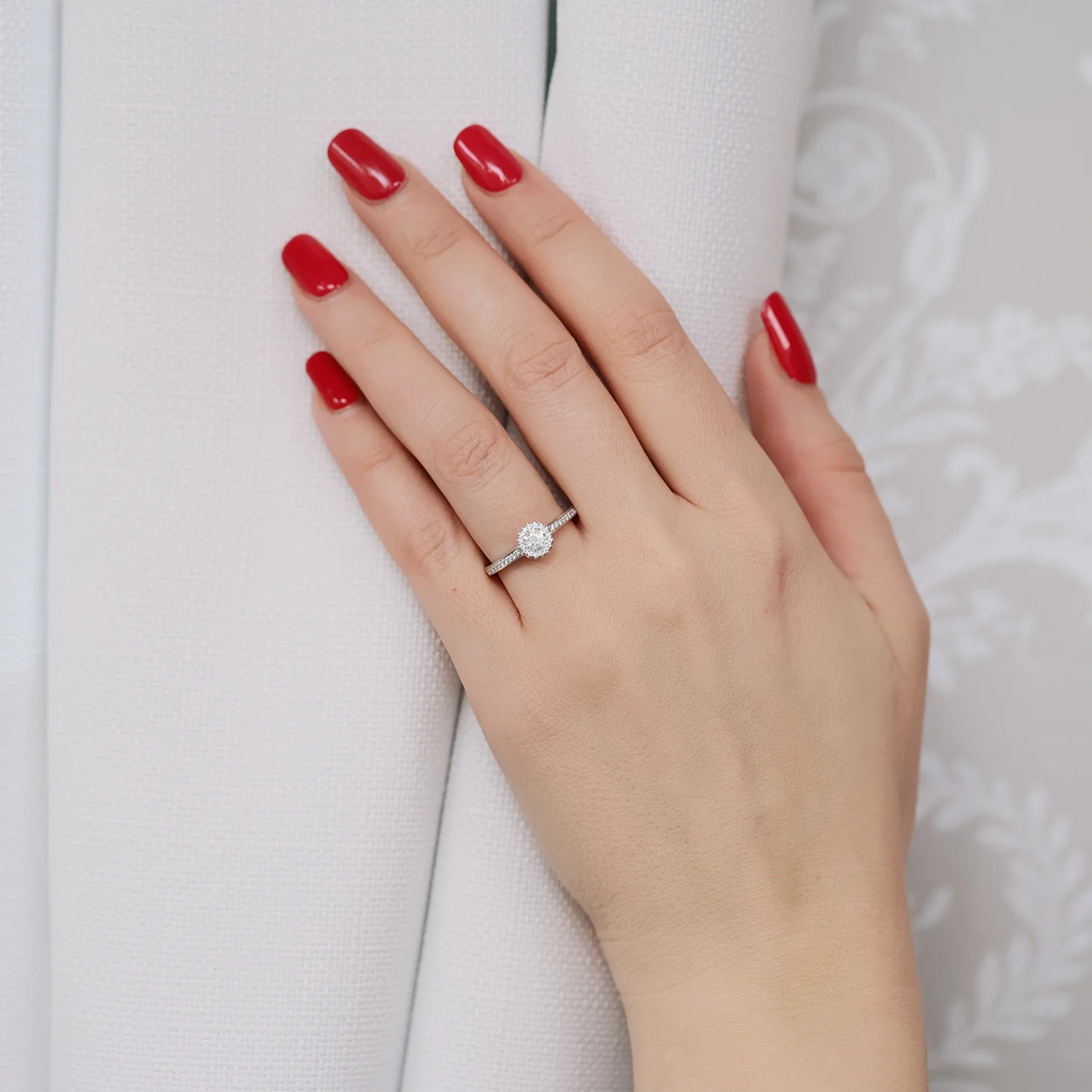 Platinum Round Brilliant Cut Diamond Ring With A Double Diamond Set Halo & Diamond Shoulders - Image 2