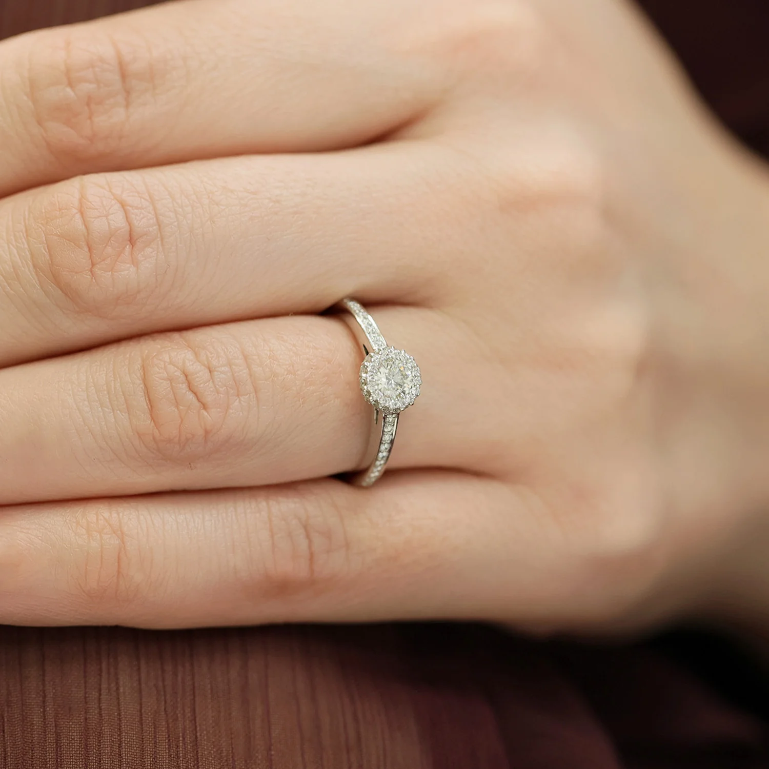 Platinum Round Brilliant Cut Diamond Ring With A Double Diamond Set Halo & Diamond Shoulders - Image 3