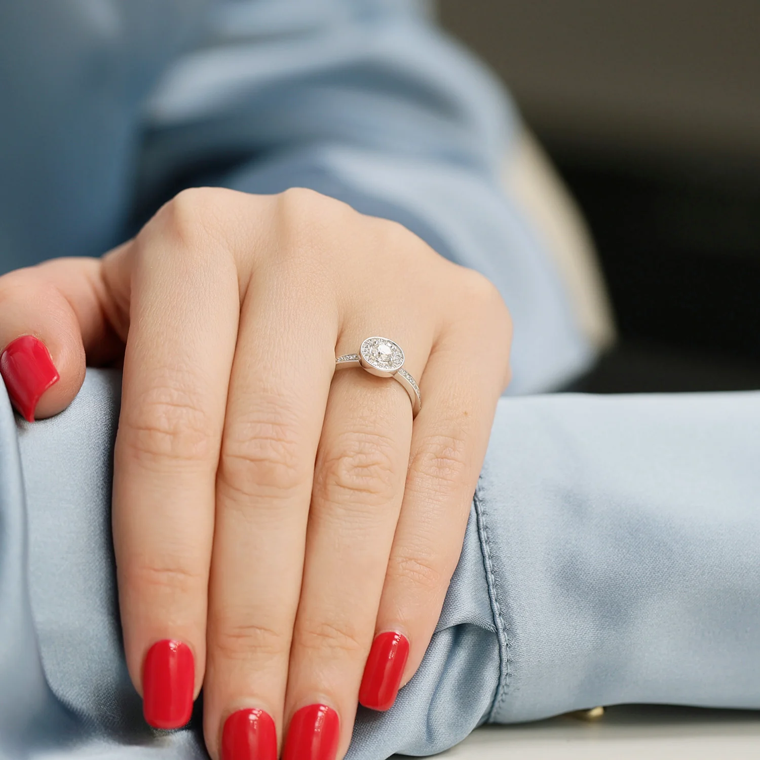 Platinum Round Brilliant Cut Diamond Ring With Diamond Halo and Channel Set Shoulders - Image 2
