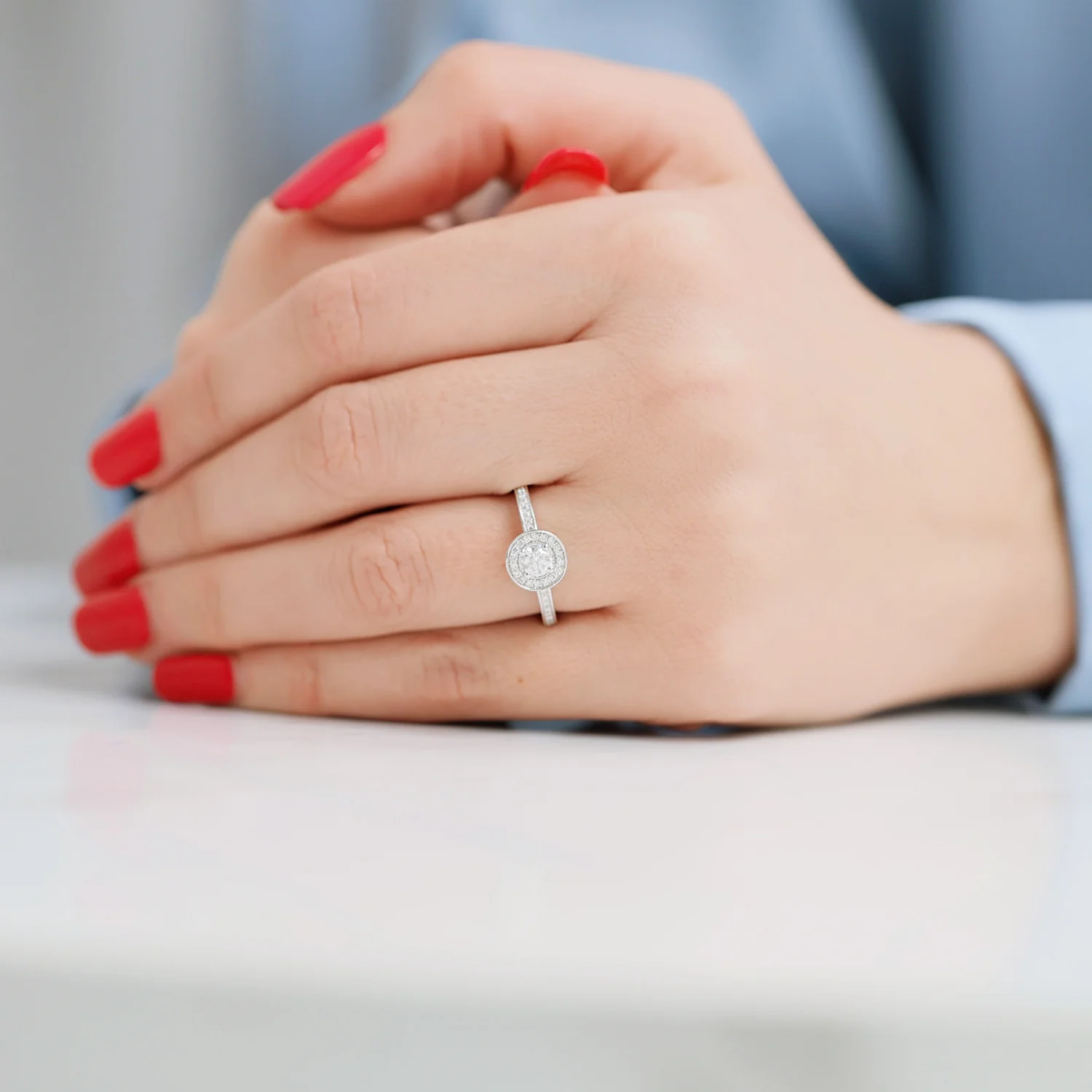 Platinum Round Brilliant Cut Diamond Ring With Diamond Halo and Channel Set Shoulders - Image 3