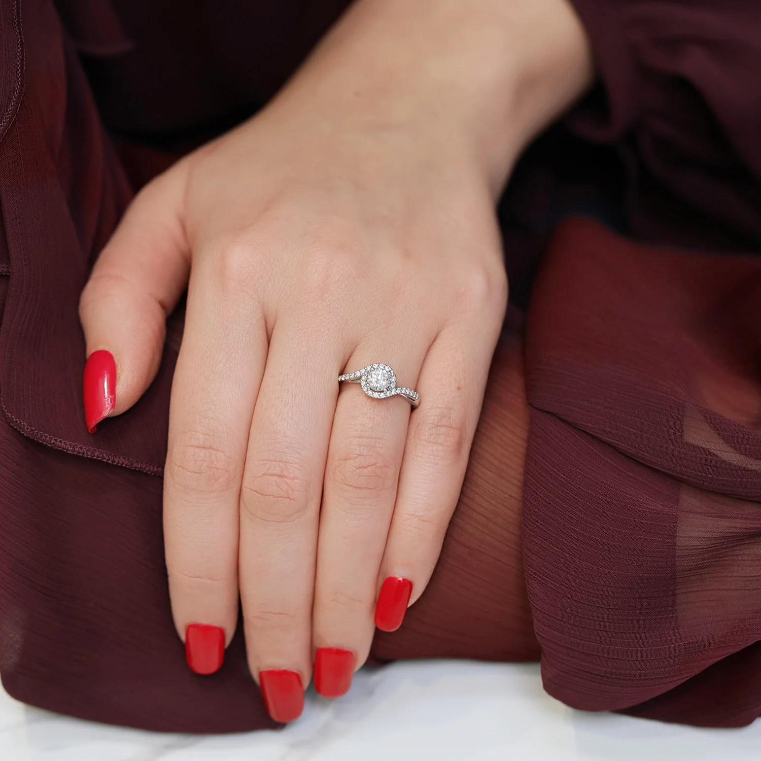 Platinum Round Brilliant Cut Diamond Ring With Wrap Around Diamond Halo - Image 2