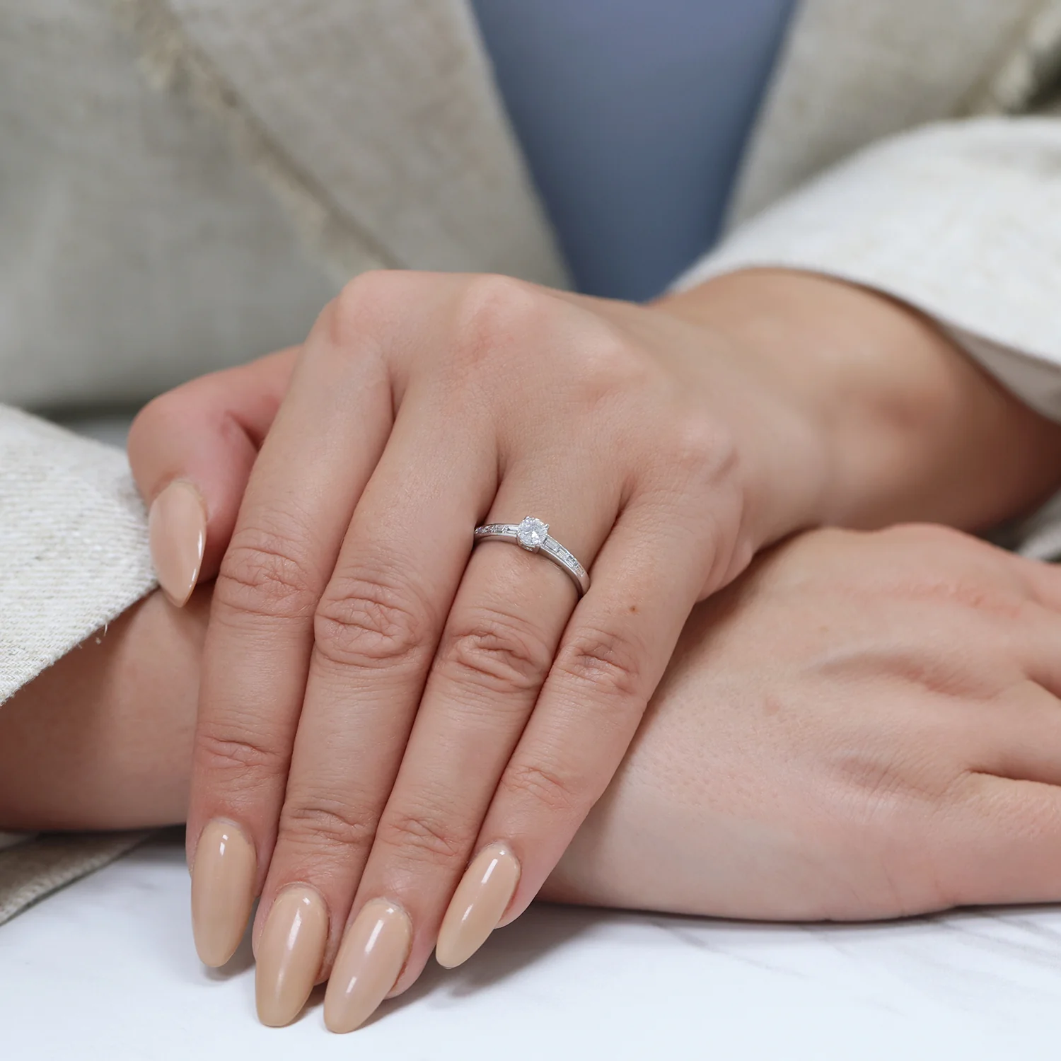 Platinum Round Brilliant Cut Diamond Single Stone Ring With Baguette Cut Diamond Channel Set Shoulders - Image 2
