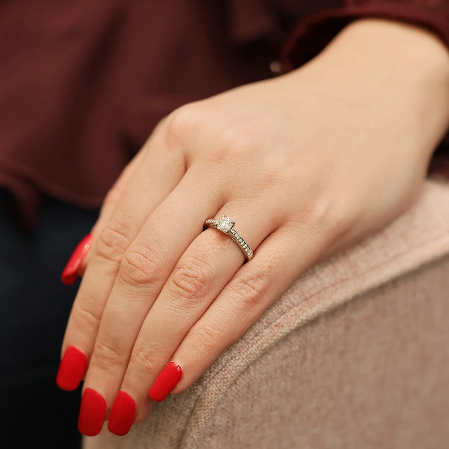 Platinum Round Brilliant Cut Diamond Single Stone Ring With Diamond Set Shoulders - Image 2
