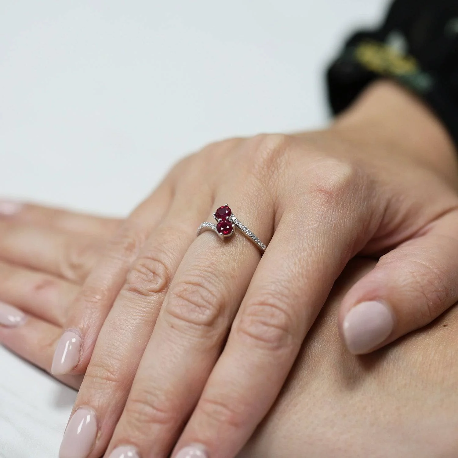 Platinum Round Brilliant Cut Ruby Two Stone Twist Ring With Diamond Set Shoulders - Image 2