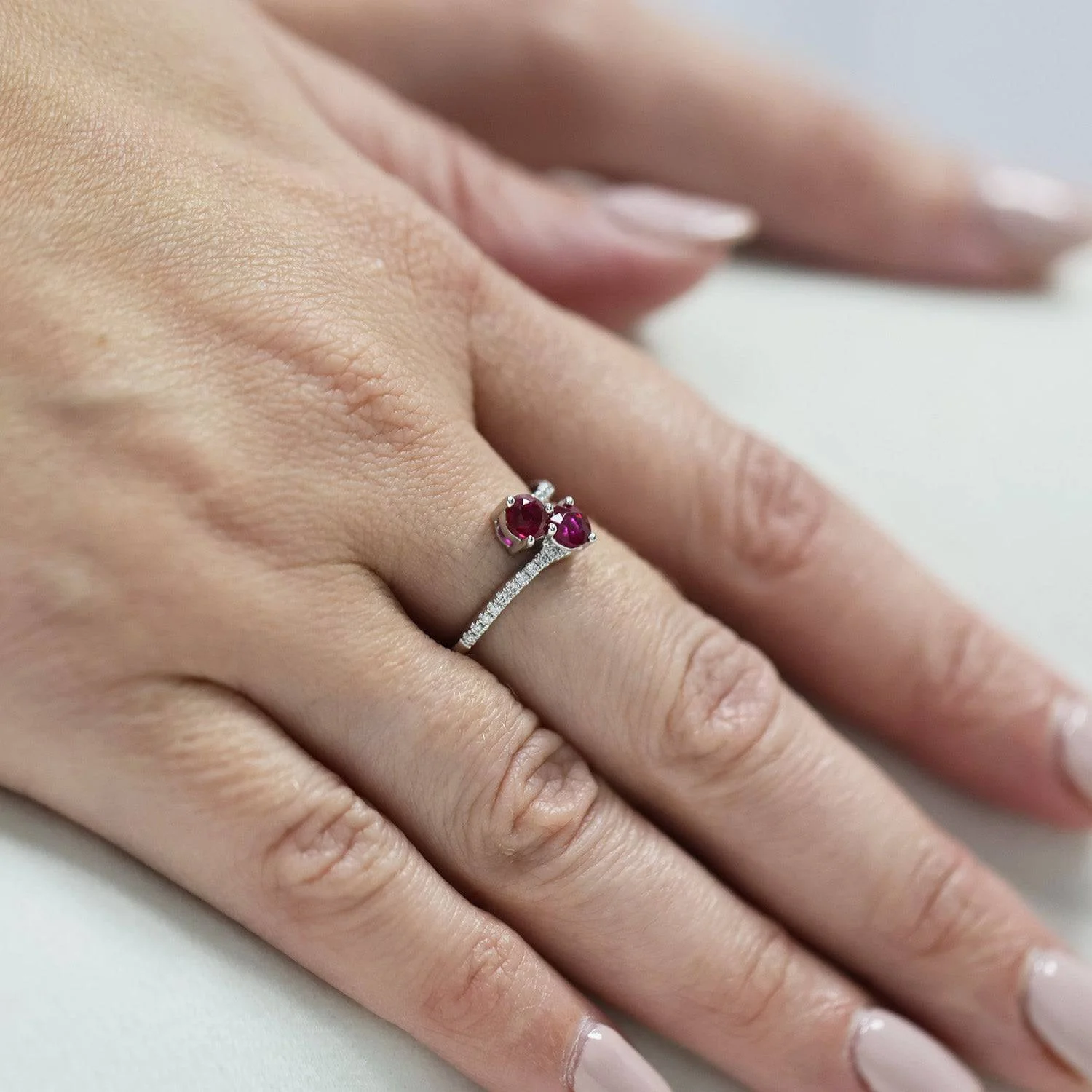 Platinum Round Brilliant Cut Ruby Two Stone Twist Ring With Diamond Set Shoulders - Image 3