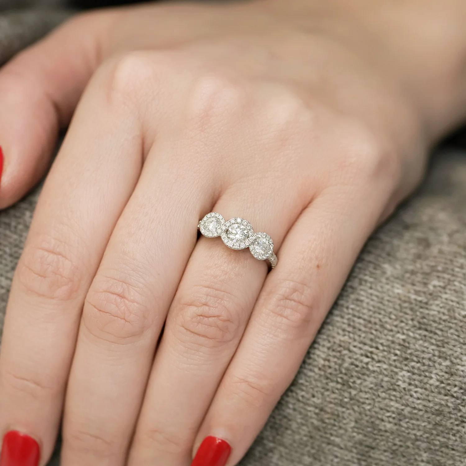 Platinum Round Brilliant Diamond Fancy Three Stone Ring With A Diamond Halo Surround - Image 3
