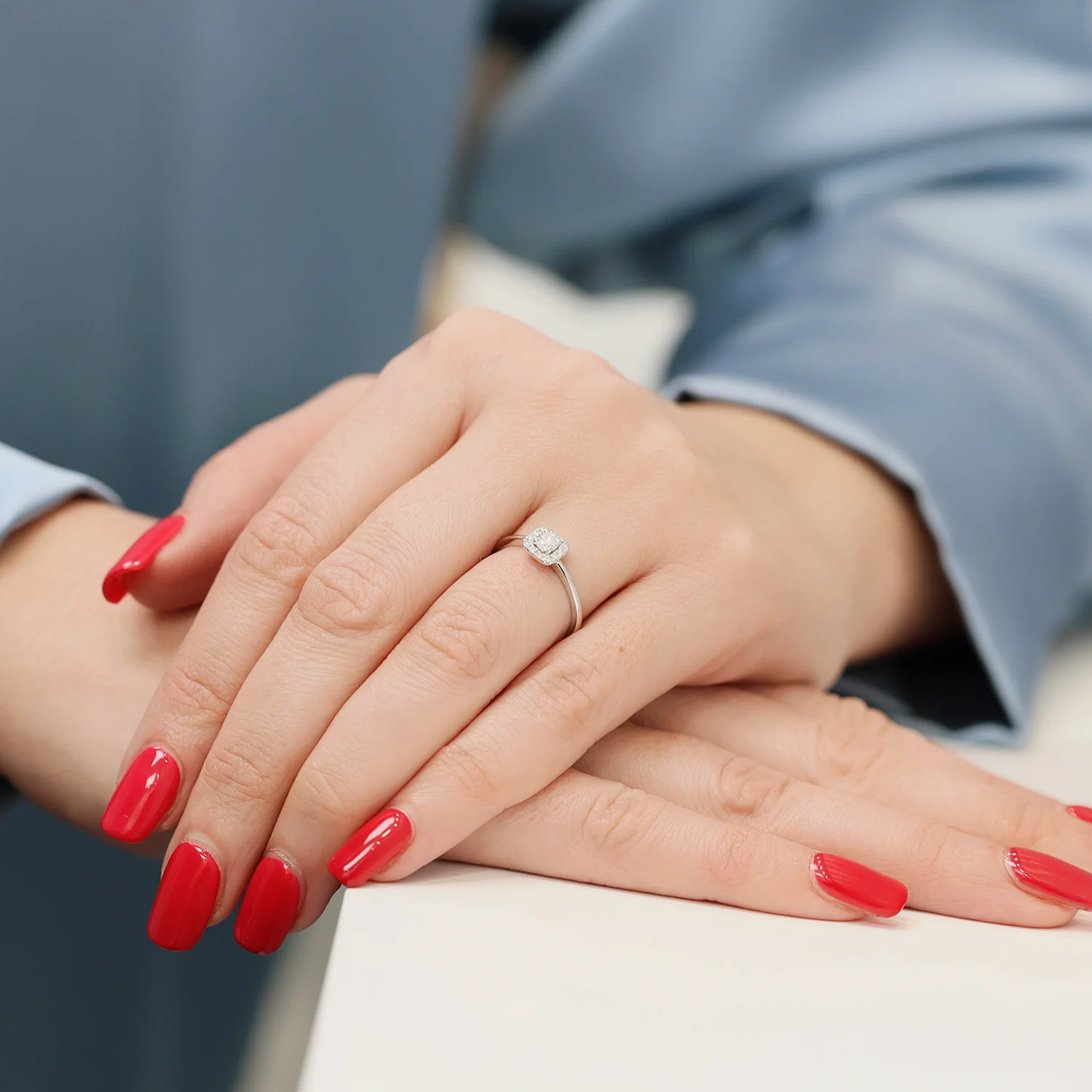 Platinum Round Brilliant Diamond Halo Ring In A Cushion Shaped Setting - Image 3