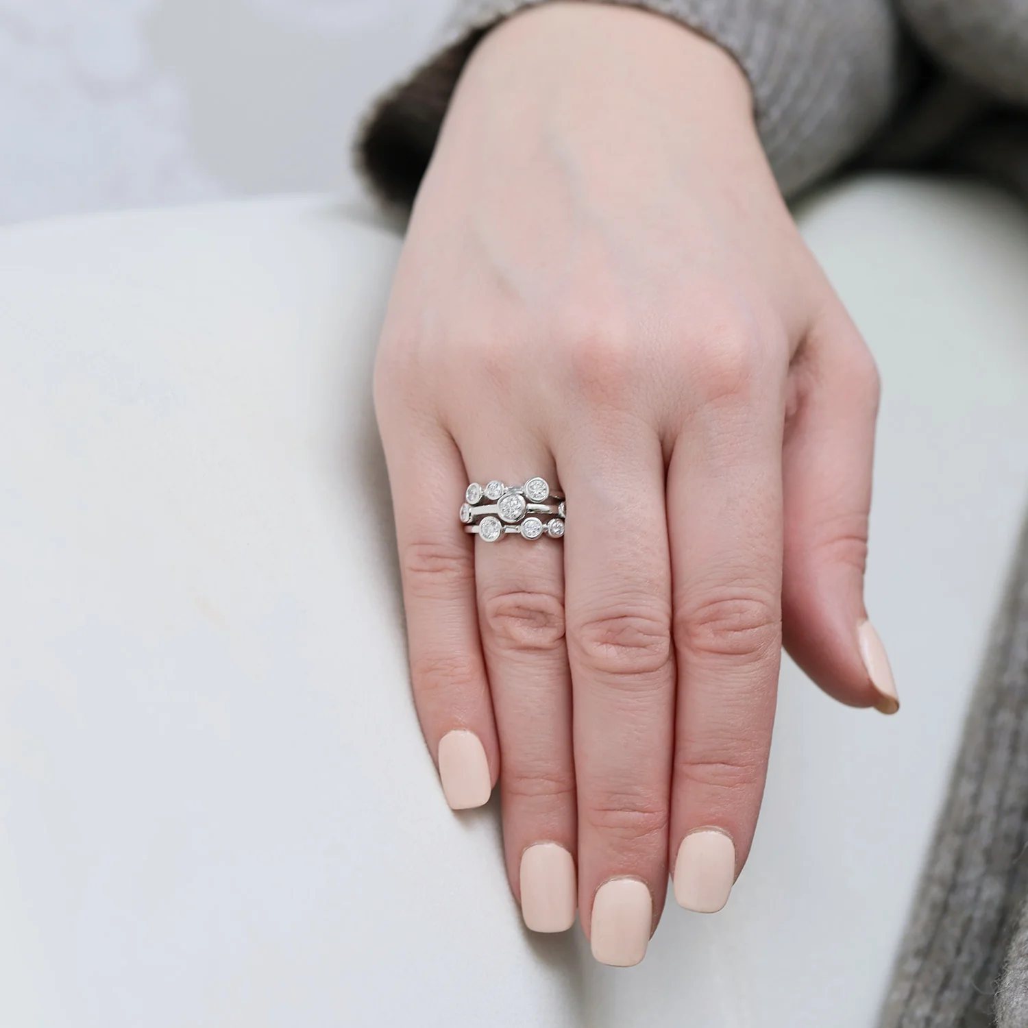 Platinum Rub Over Set Diamond Three Row Ring - Image 2