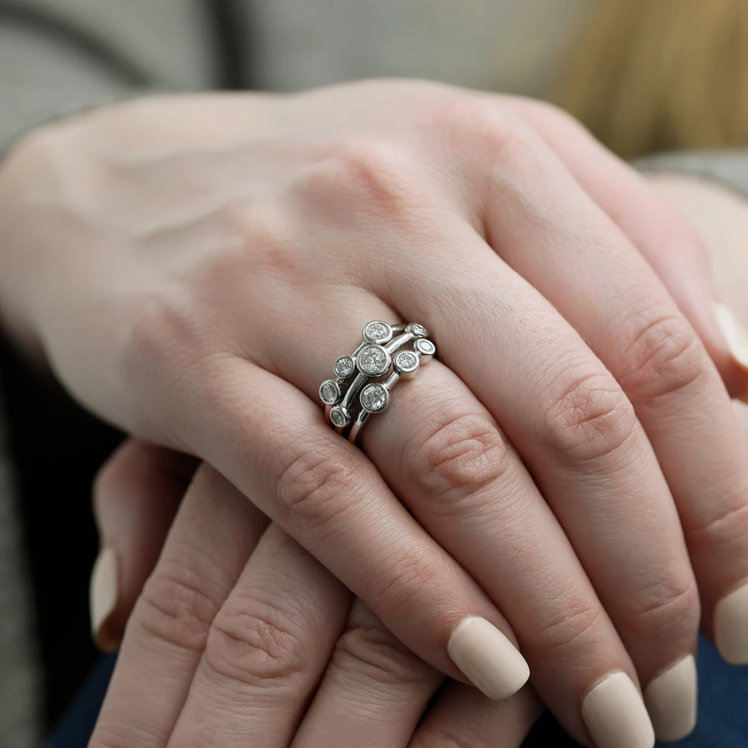 Platinum Rub Over Set Diamond Three Row Ring - Image 3