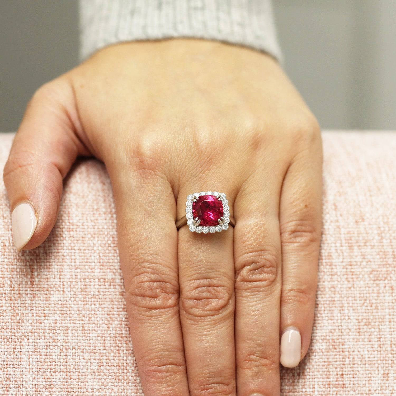 Platinum Rubellite Ring In A Diamond Halo Setting Ring - Image 3