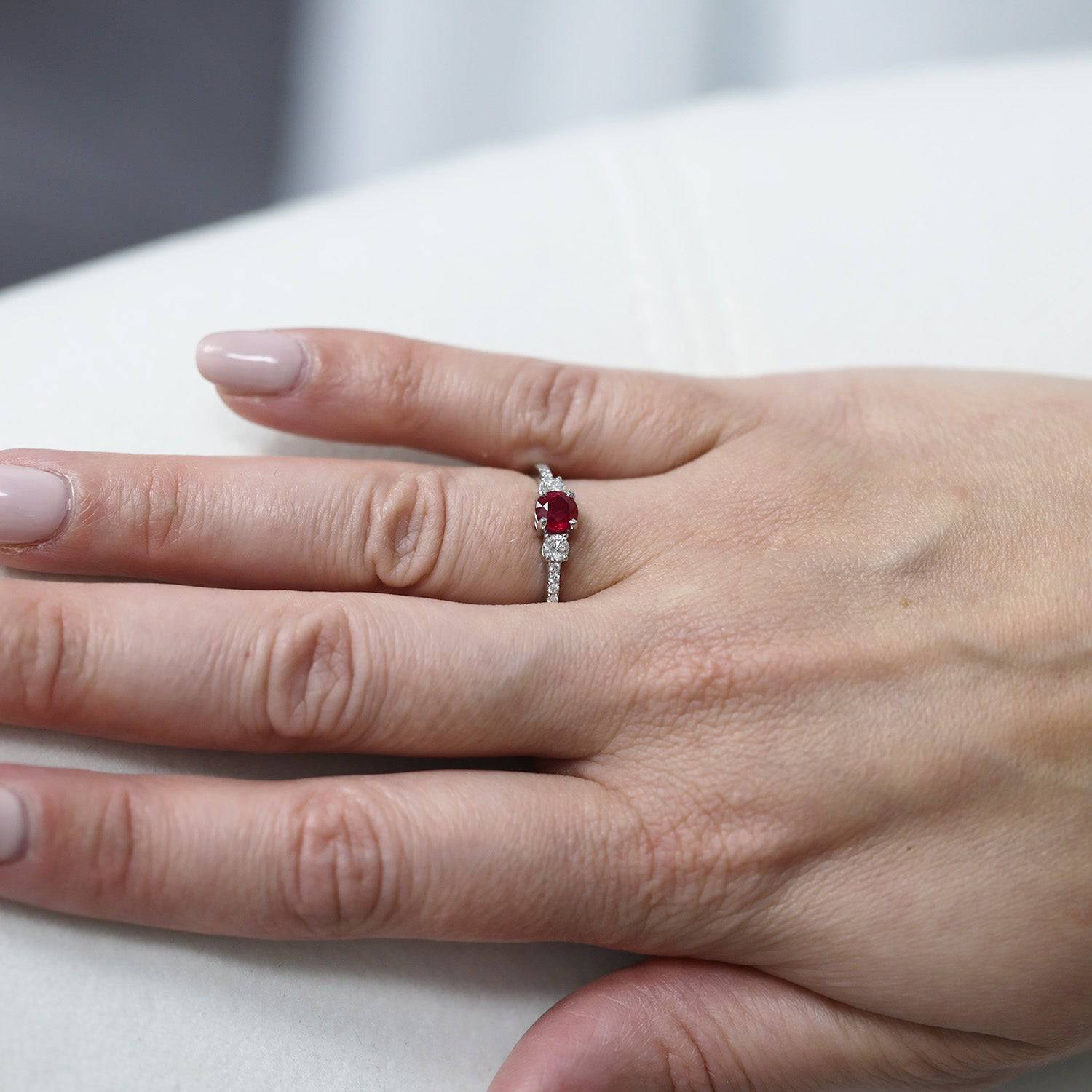 Platinum Ruby & Diamond Three Stone Ring With Diamond Set Shoulders - Image 3