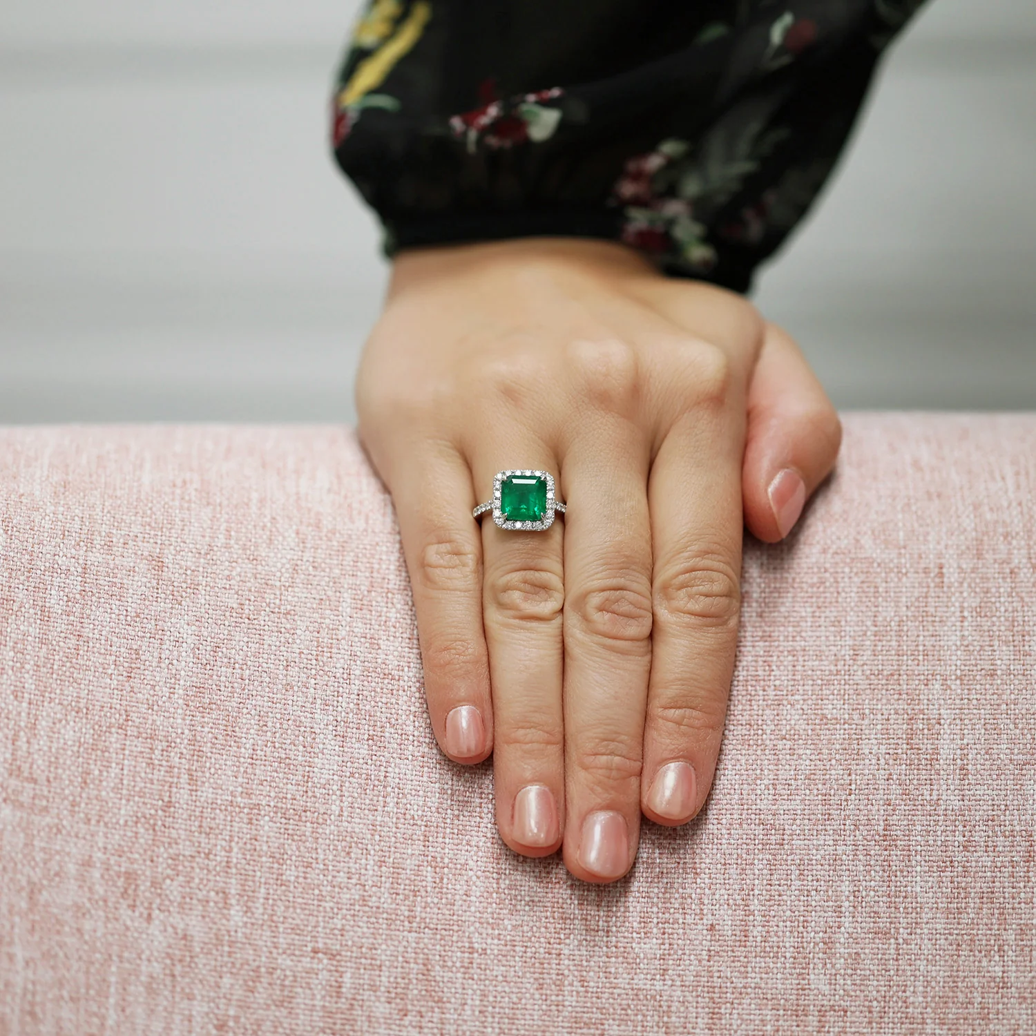 Platinum Square Cut Emerald And Round Brilliant Cut Diamond Cluster Ring With Diamond Set Shoulders - Image 2