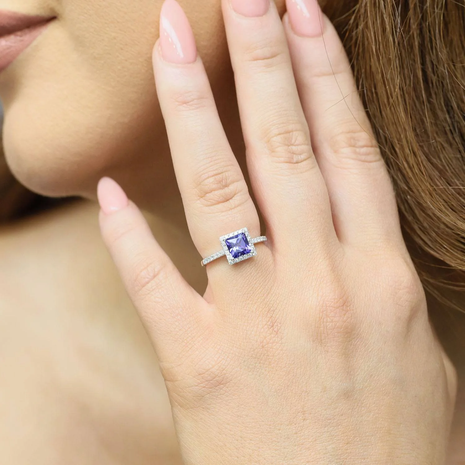 Platinum Square Cut Tanzanite And Diamond Cluster Ring - Image 2