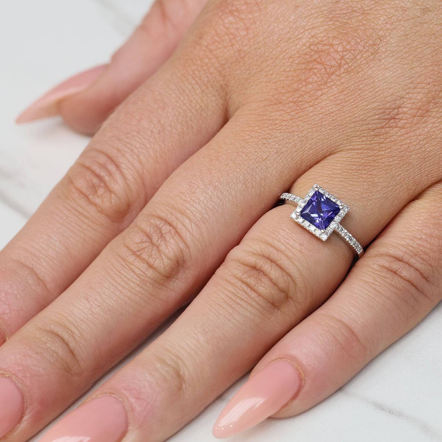 Platinum Square Cut Tanzanite And Diamond Cluster Ring - Image 3