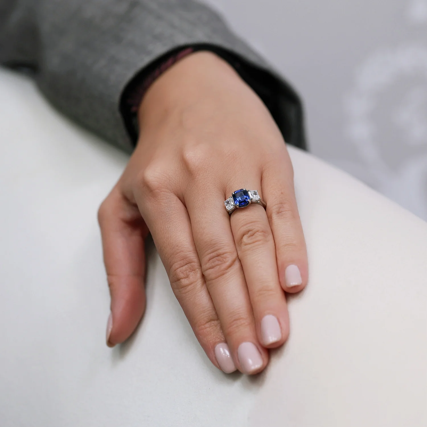 Platinum Step Cut Sapphire & Radiant Cut Diamond Three Stone Claw Set Ring - Image 2