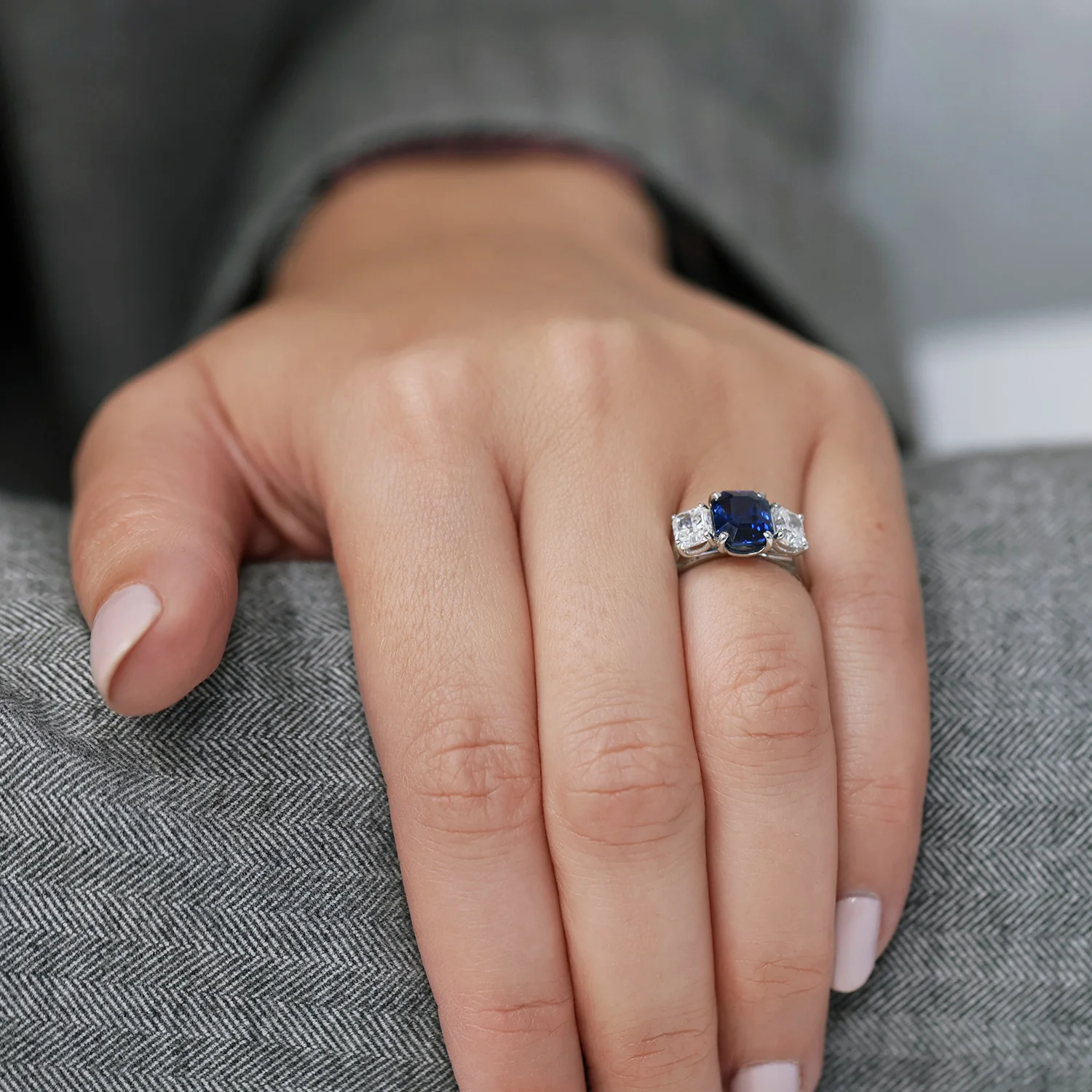 Platinum Step Cut Sapphire & Radiant Cut Diamond Three Stone Claw Set Ring - Image 3