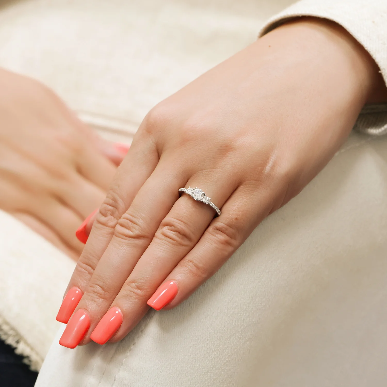 Platinum Round Brilliant And Princess Cut Diamond Three Stone Engagement Ring - Image 3