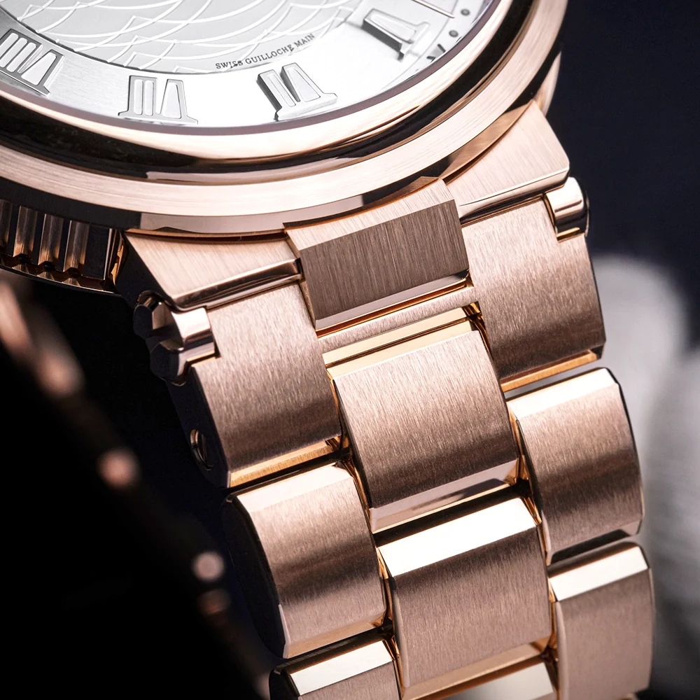 Marine 5517 40mm 18ct Rose Gold Silver Guilloche Dial Bracelet Watch - Image 4