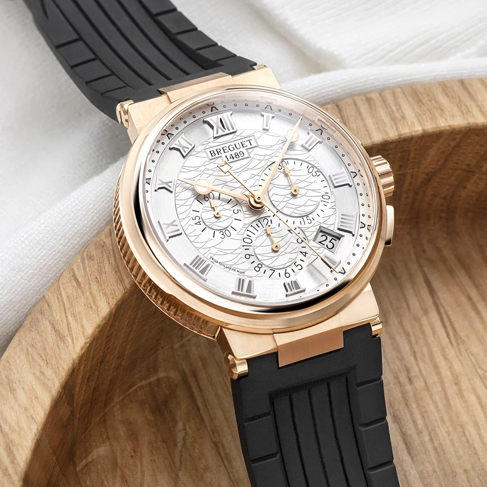 Marine Chronographe 5527 18ct Rose Gold Silver Guilloche Dial Strap Watch - Image 2