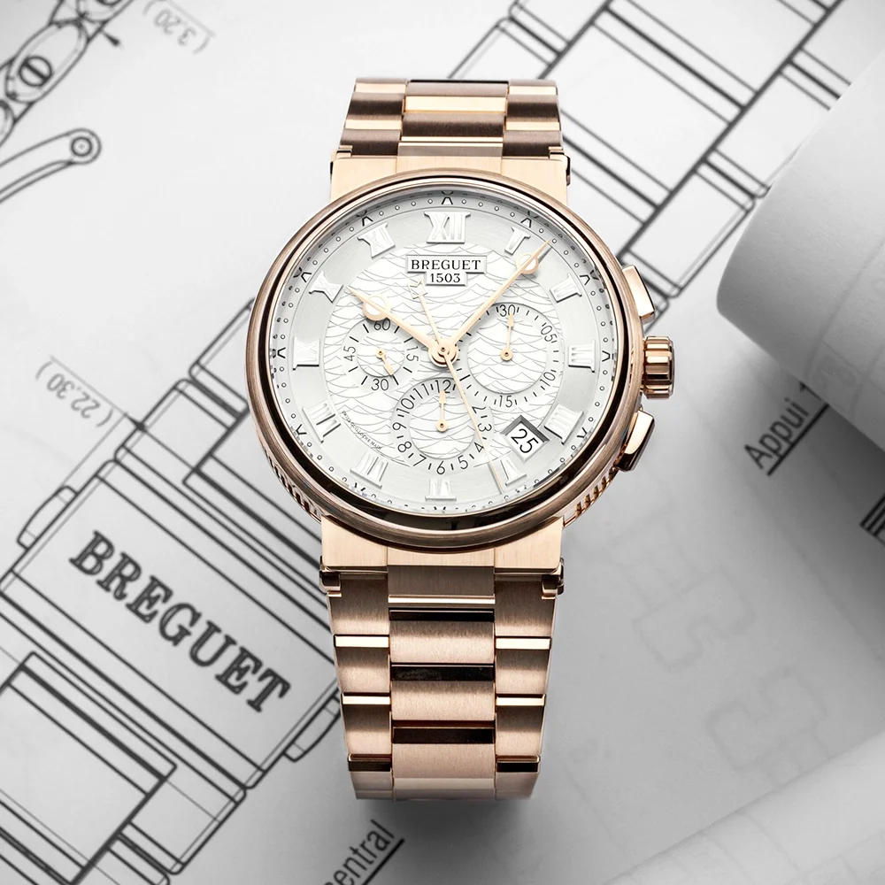 Marine Chronographe 5527 18ct Rose Gold Silver Dial Bracelet Watch - Image 2