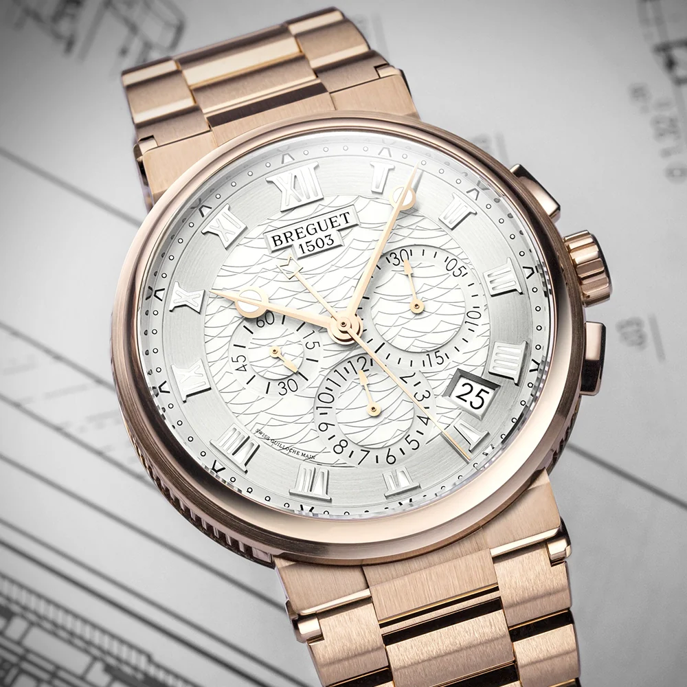 Marine Chronographe 5527 18ct Rose Gold Silver Dial Bracelet Watch - Image 3