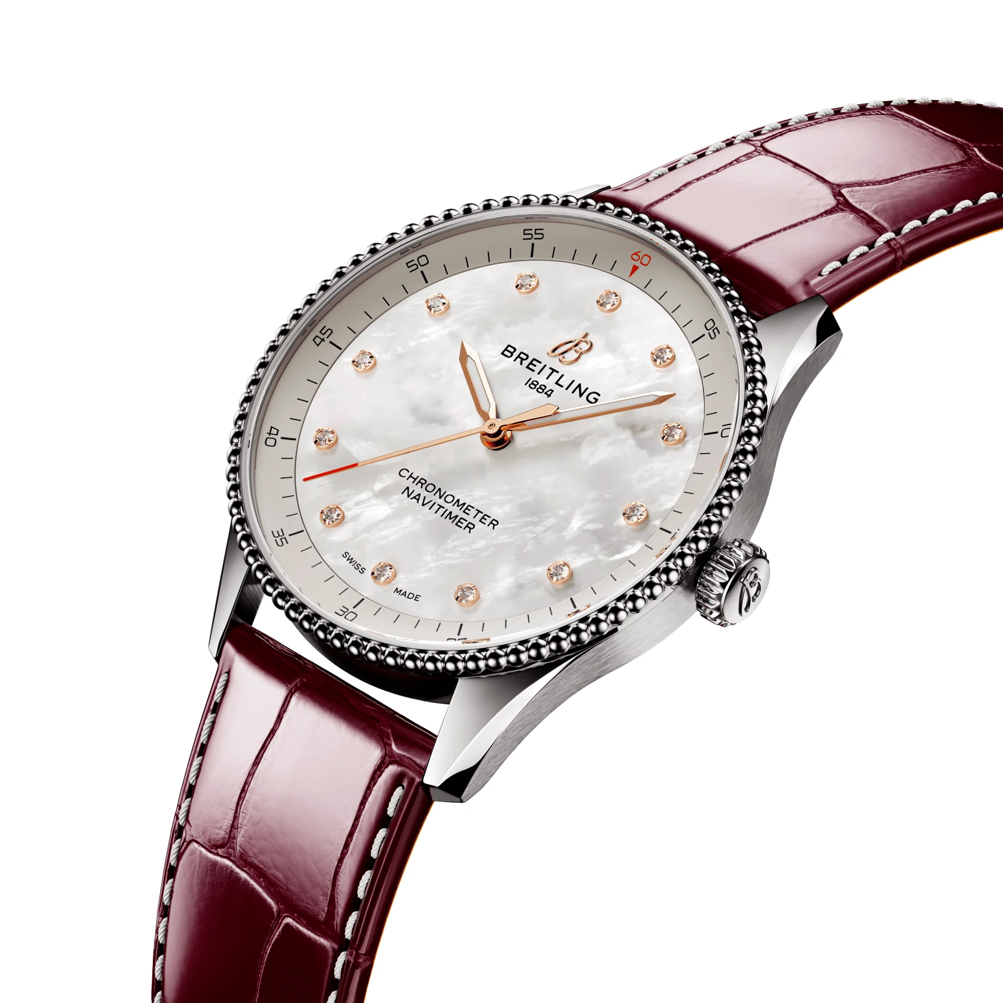 Navitimer 32mm White Mother of Pearl Diamond Dial Strap Watch - Image 2